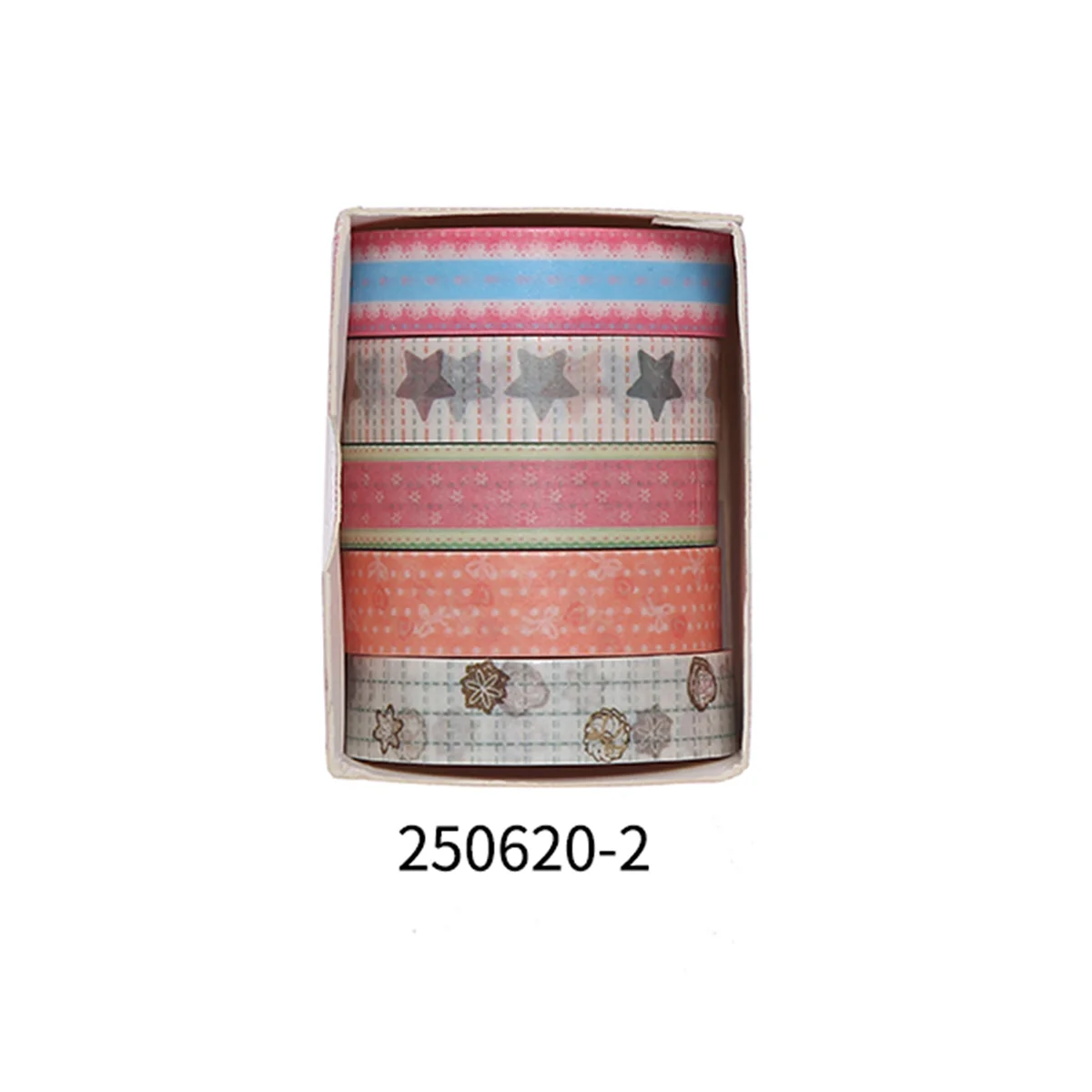 A set of five rolls of decorative floral patterned washi tape in various colors and designs for crafting.