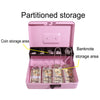 A pink partitioned storage box for coins and banknotes with separate compartments.