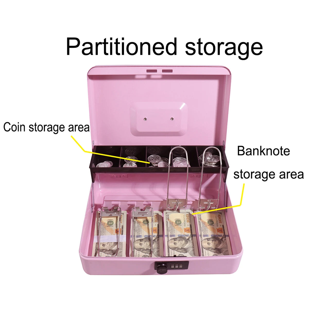 A pink partitioned storage box for coins and banknotes with separate compartments.