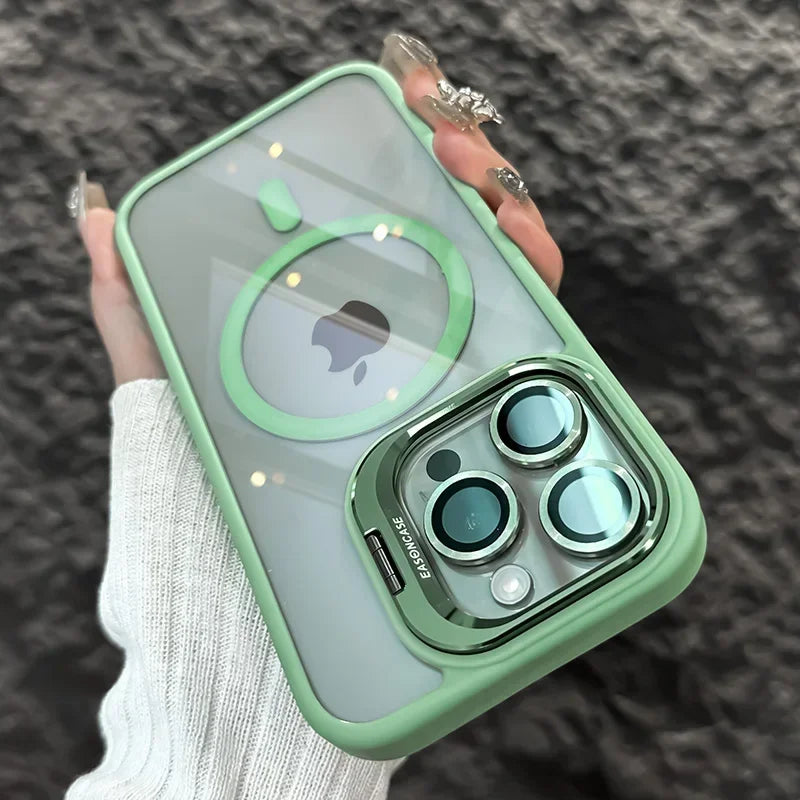 A hand holds a light green magnetic shockproof phone case for an iPhone displaying the Apple logo.