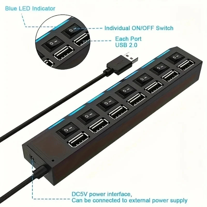 Schwarzer 7-Port-USB 2.0-Hub mit Ein-/Ausschaltern und DC5V-Stromanschluss.