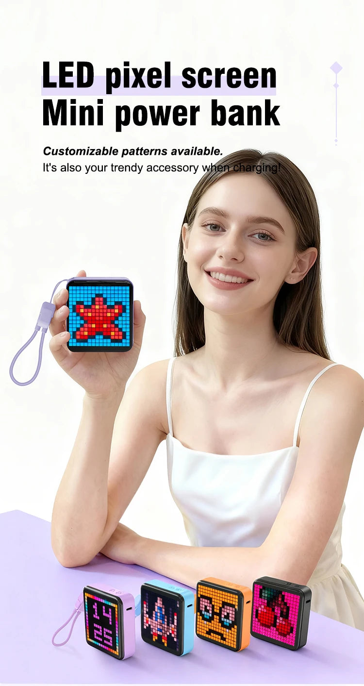 A woman holds a mini LED pixel screen power bank with customizable patterns, next to several other versions.