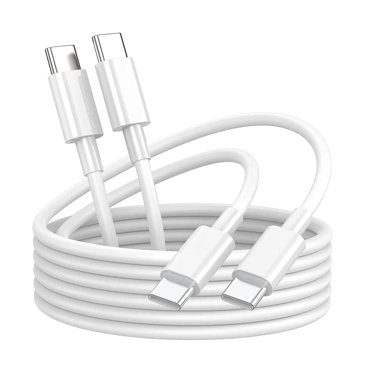 Câble de charge USB-C vers USB-C 60W blanc, enroulé et avec ses connecteurs.