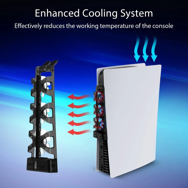 A black cooling fan with an LED light is shown next to a white console, illustrating an enhanced cooling system.