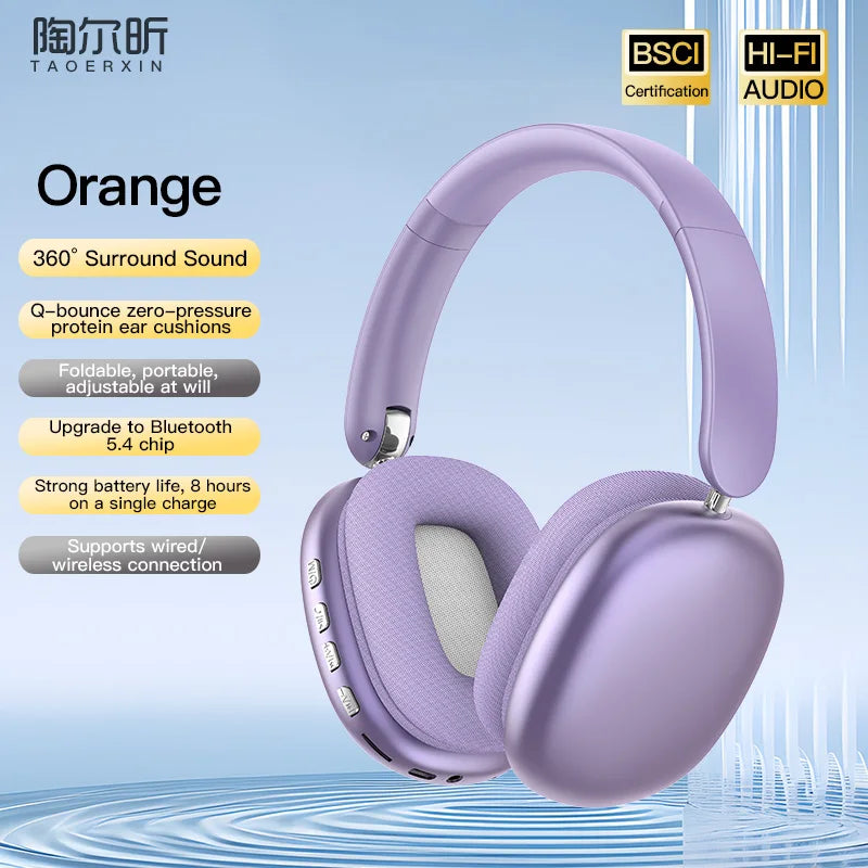 A pair of light purple over-ear headphones shown against a white background with certification logos.