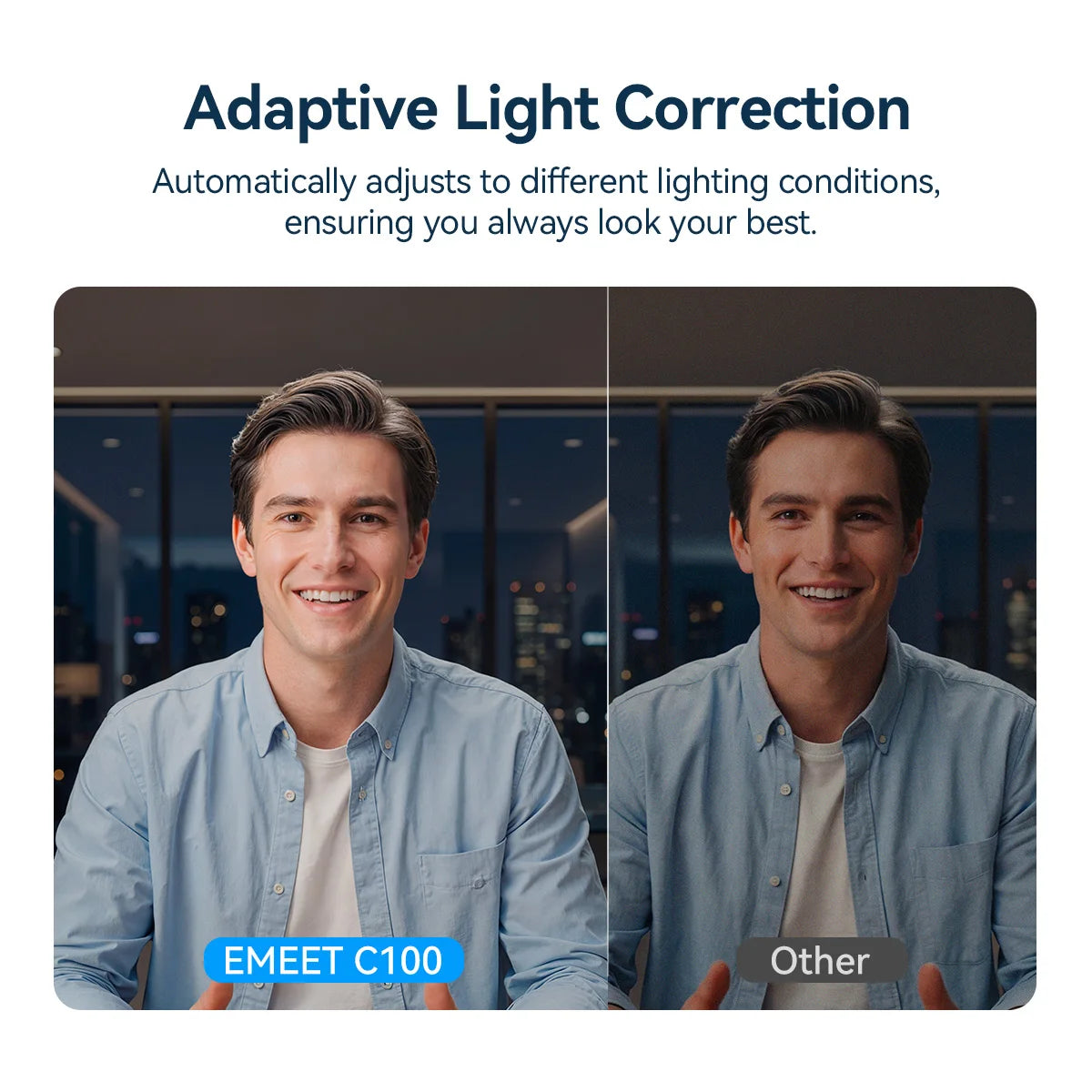 Zwei Männer lächeln, während sie die EMEET C100 adaptive Lichtkorrektur-Webcam benutzen.
