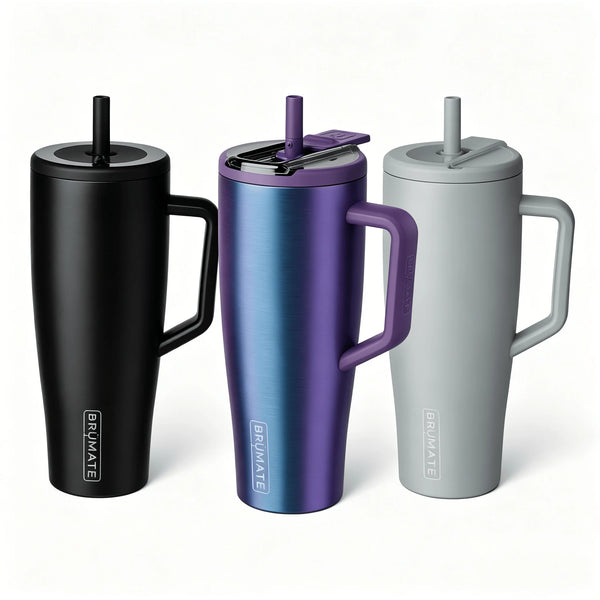 Three Brümate Era 40 oz insulated tumblers in black, purple, and gray with lids and straws.