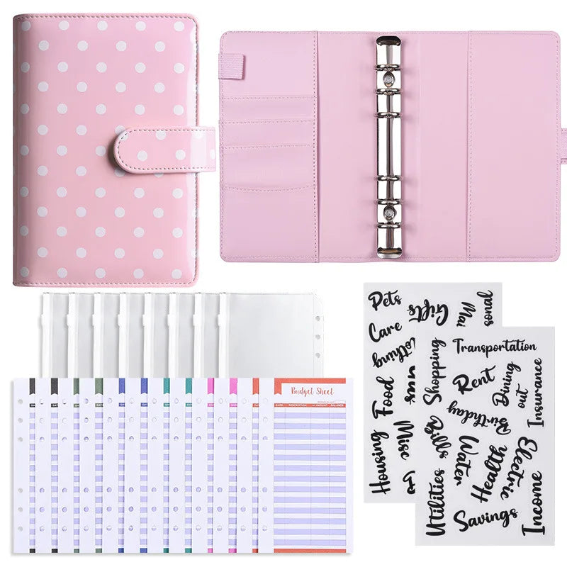 Pink reusable PU leather binder with multiple cash pockets and organizational dividers
