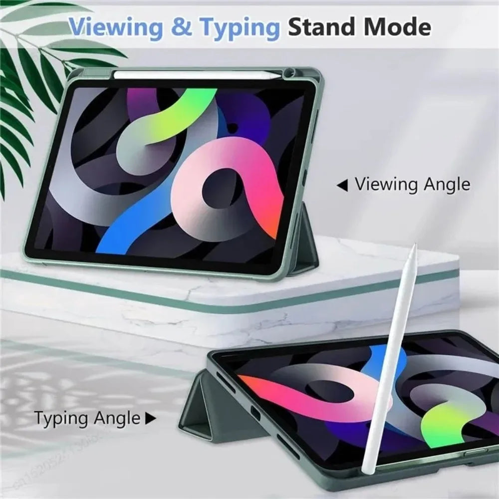 A tablet in a protective case is shown demonstrating viewing and typing angles.