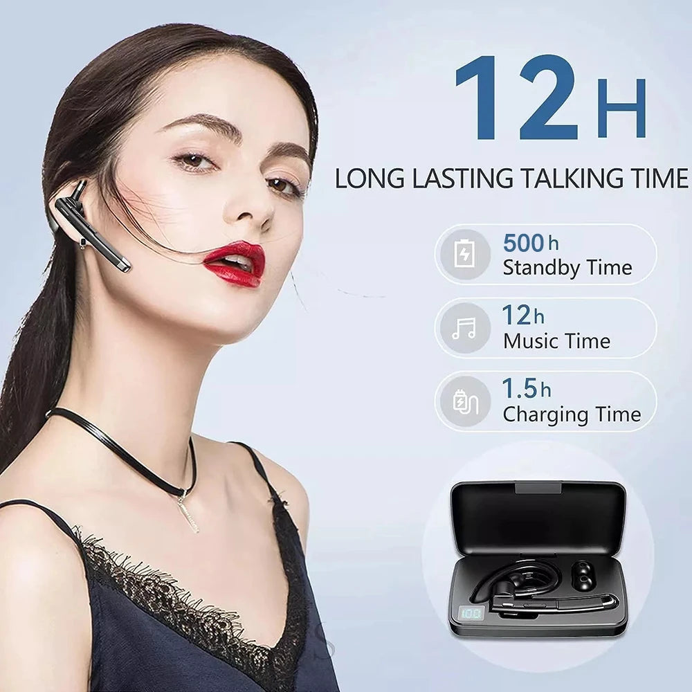 A woman is shown wearing wireless Bluetooth earphones with a microphone, highlighting its long lasting talking time and charg