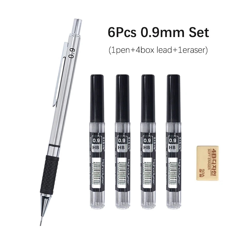 A set of six 0.9mm HB lead mechanical pencils with a box and eraser.