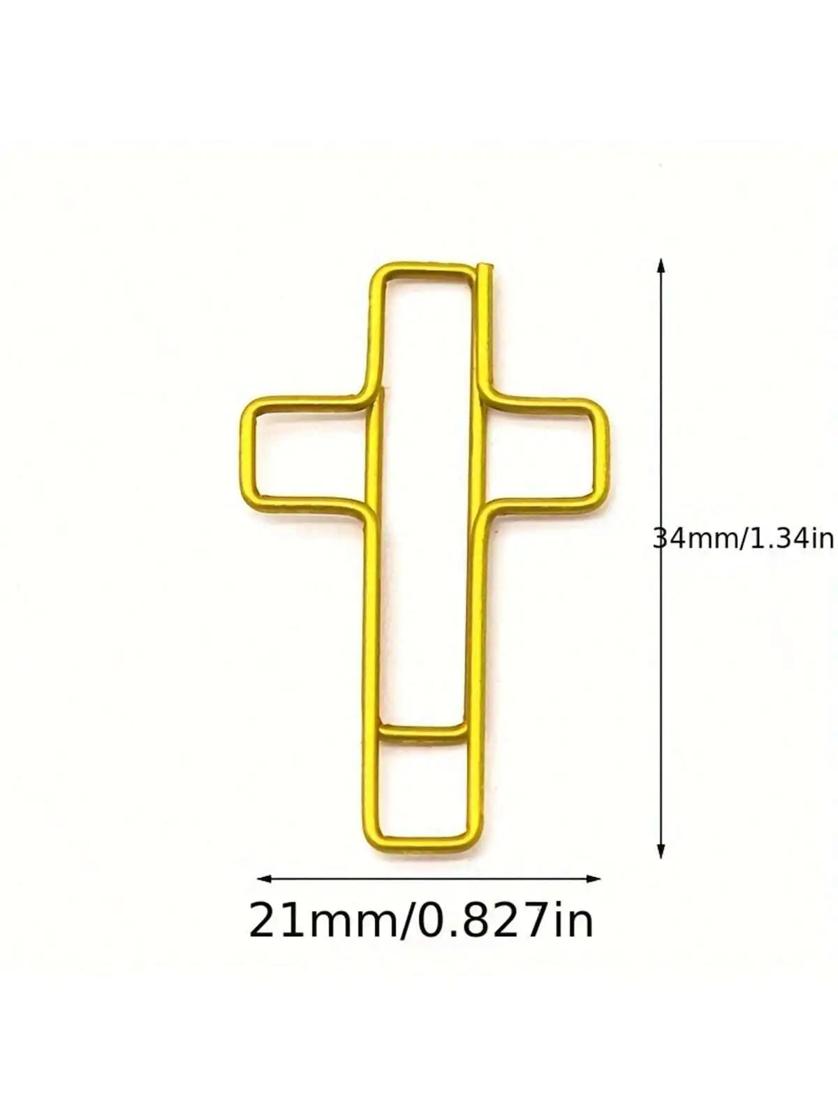 A gold-colored cross-shaped metal paper clip with dimensions of 34mm in length and 21mm width.