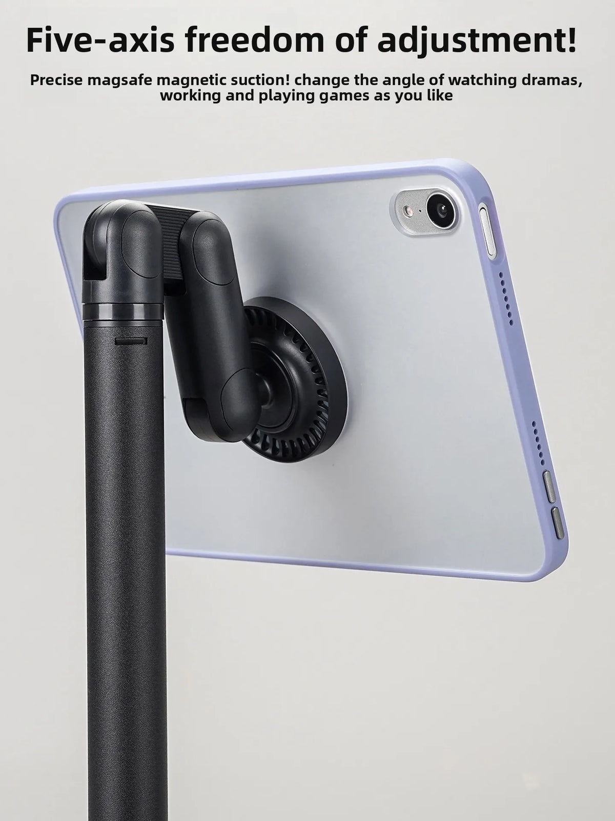 A purple phone or tablet is held in place by a black magnetic stand attached to a silver pole.