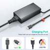 A black 100W USB-C PD laptop charger adapter with a cable and various connector tips shown for charging.