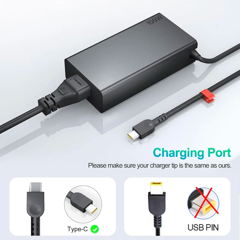 A black 100W USB-C PD laptop charger adapter with a cable and various connector tips shown for charging.