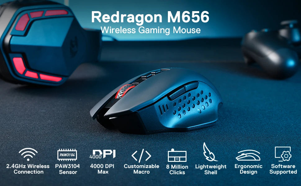 A close-up view of the Redragon M656 wireless gaming mouse highlighting its features and design.