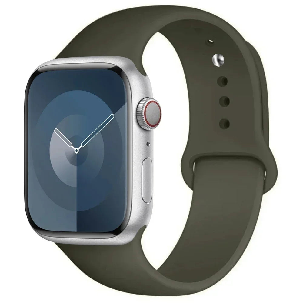 A silver Apple Watch is shown attached to a dark olive green silicone sport band.