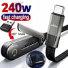 A silver foldable fast charging cable with an integrated phone stand is shown, demonstrating a 360-degree rotation feature.