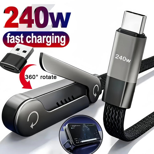 A silver foldable fast charging cable with an integrated phone stand is shown, demonstrating a 360-degree rotation feature.