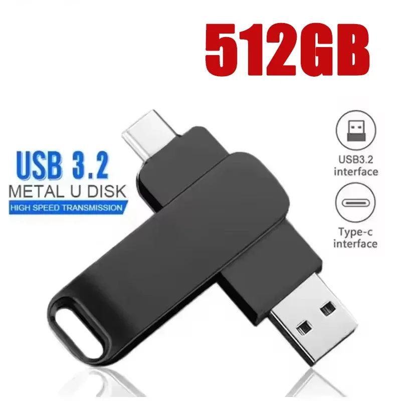 Black metal USB 3.2 flash drive with a Type-C interface and 512GB storage capacity
