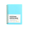 A light blue spiral bound notebook for storing passwords and internet logins.