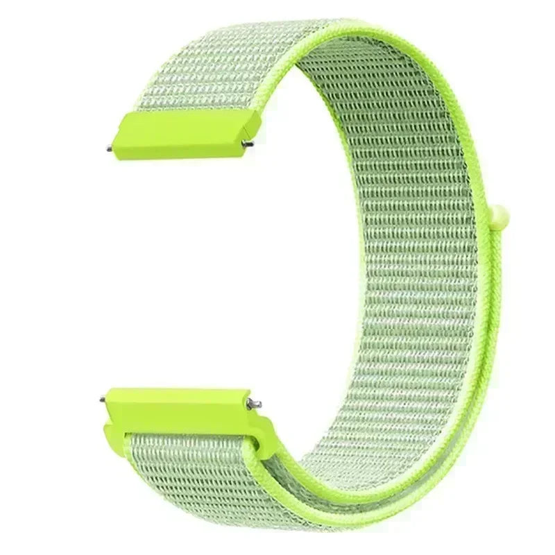 A lime green nylon loop watch strap for a child, shown flat.