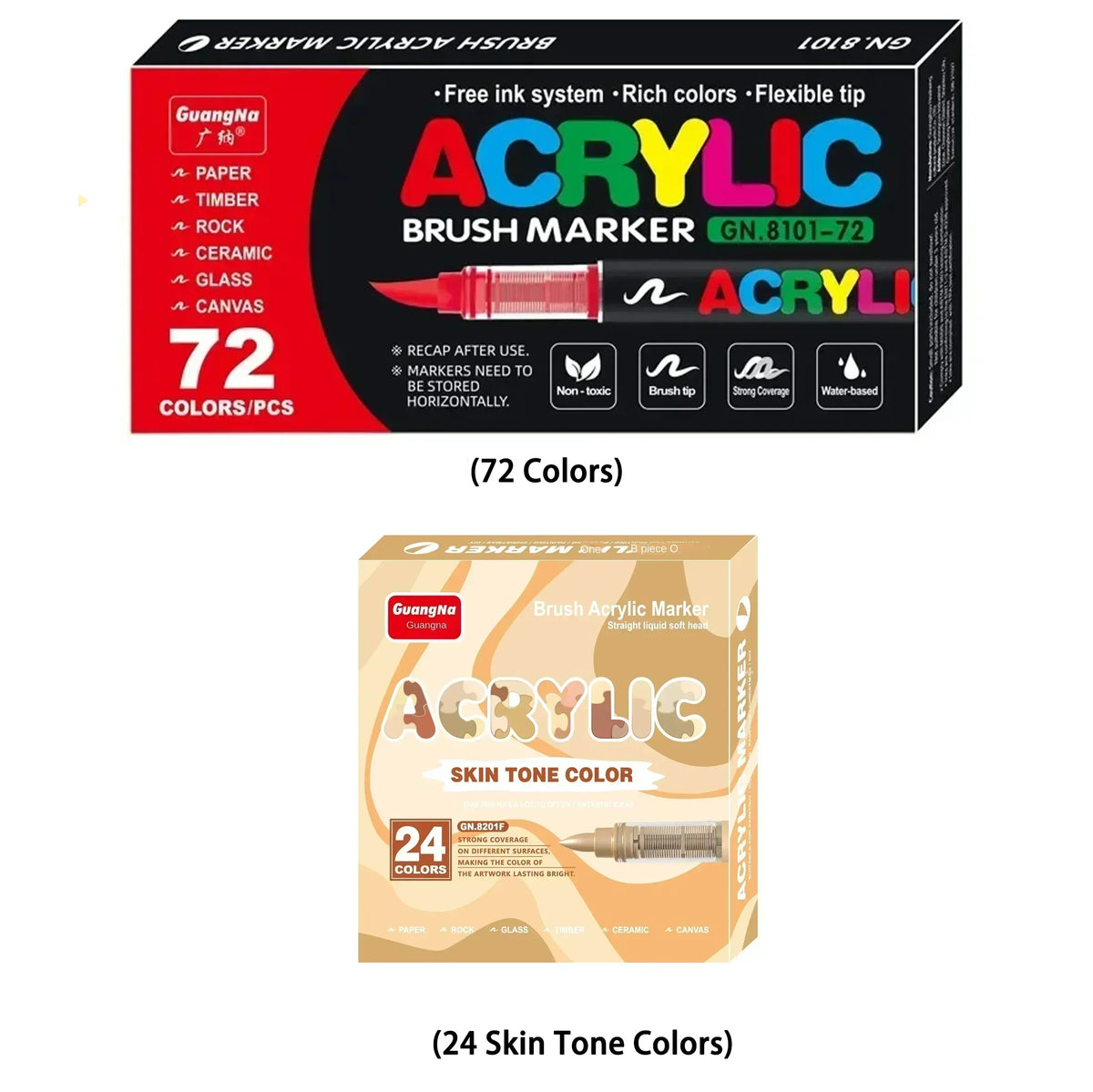 Box of acrylic brush markers featuring 72 colors and a set for skin tone colors
