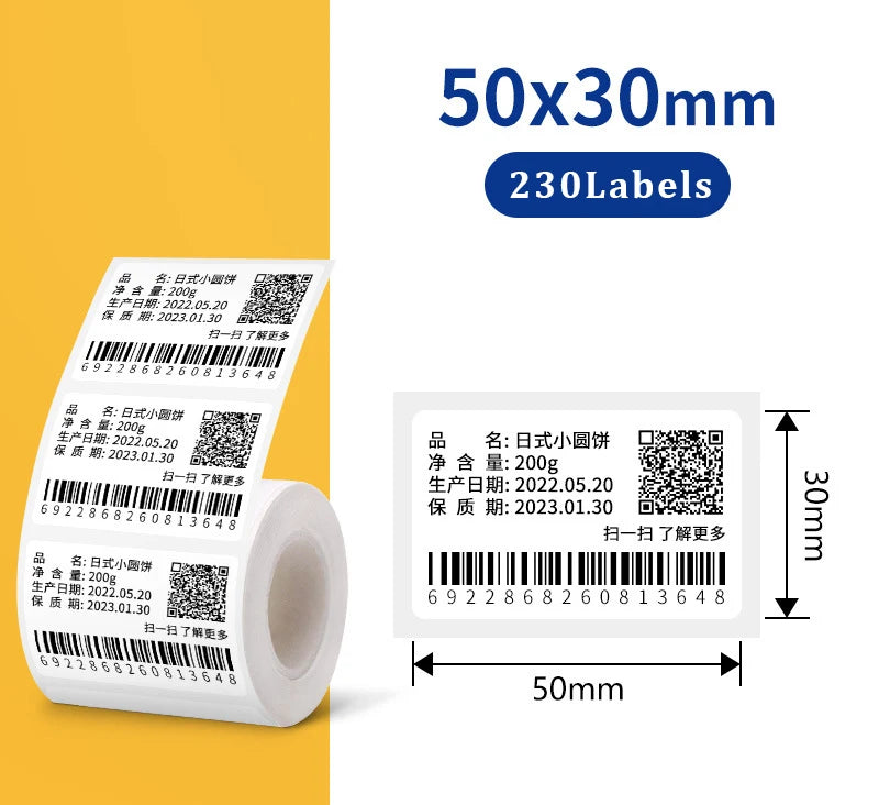 Rollo de 230 etiquetas térmicas autoadhesivas, tamaño 50x30mm.