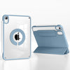 A light blue magnetic rotating protective case for an Apple iPad is shown in a studio setting.