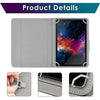 A gray leather folio case for a tablet, showing the front cover and a close-up of the protective design.