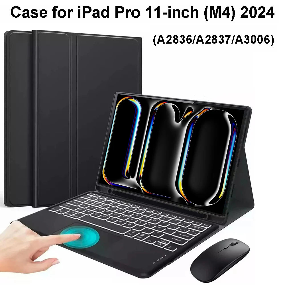 Black magnetic keyboard case for iPad Pro 11-inch M4 featuring a built-in keyboard and display protection.