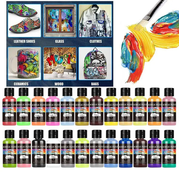Eine Sammlung von Acrylfarbpigmenten in verschiedenen Farben und Schattierungen für DIY-Projekte mit Stoff und Leder.