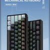 A close-up view of a black 61key mechanical keyboard with wired mini features and customizable RGB lighting.