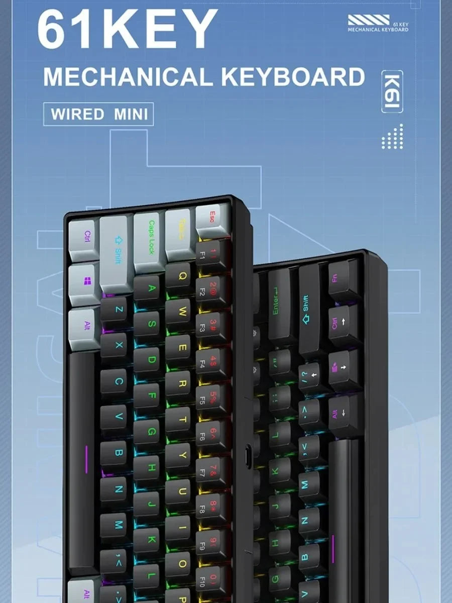 A close-up view of a black 61key mechanical keyboard with wired mini features and customizable RGB lighting.