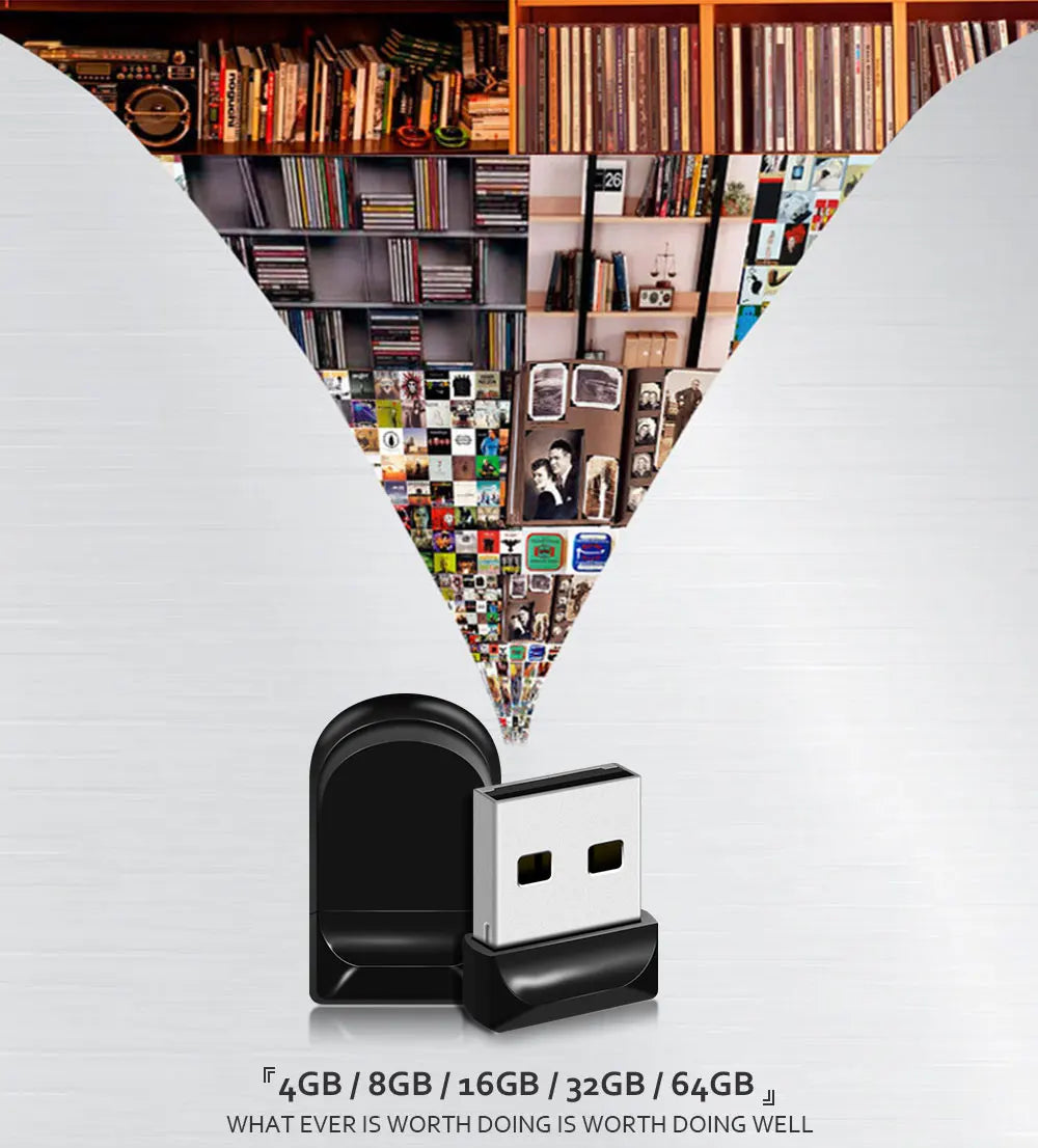 Ein Hochgeschwindigkeits-USB-Stick an der Basis einer Pyramidenstruktur aus verschiedenen Medien und Dateien.