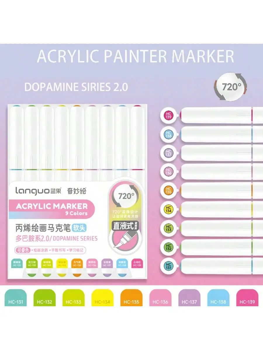 A set of 9 colors of acrylic paint markers for drawing and art, featuring various shades and a 720 degree rotation capability