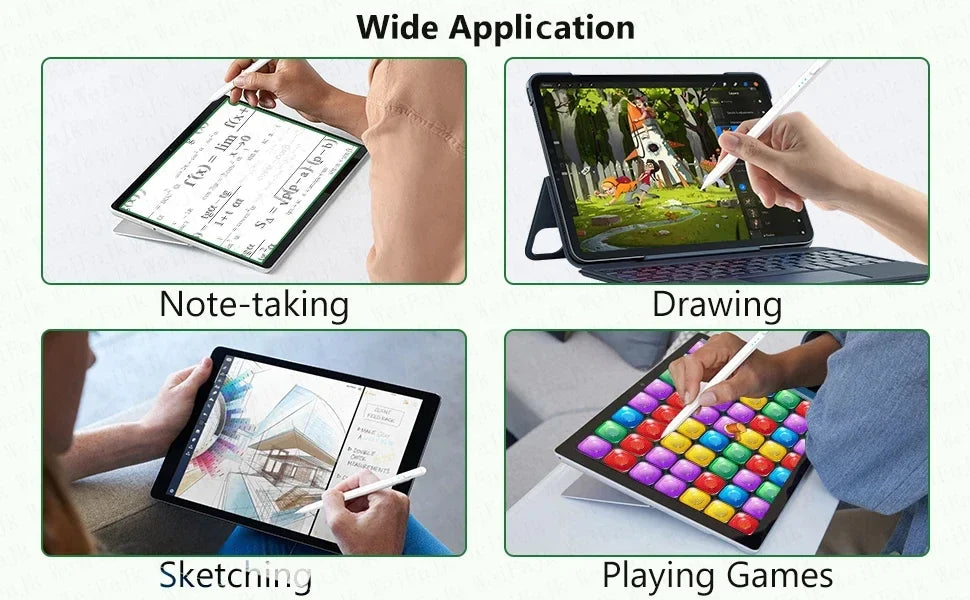 Various applications shown for a precision stylus pen on an iPad including note-taking, drawing, sketching, and playing games
