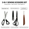 A set of three sewing scissors including pinking shears, tailor scissors, and a seam ripper kit.