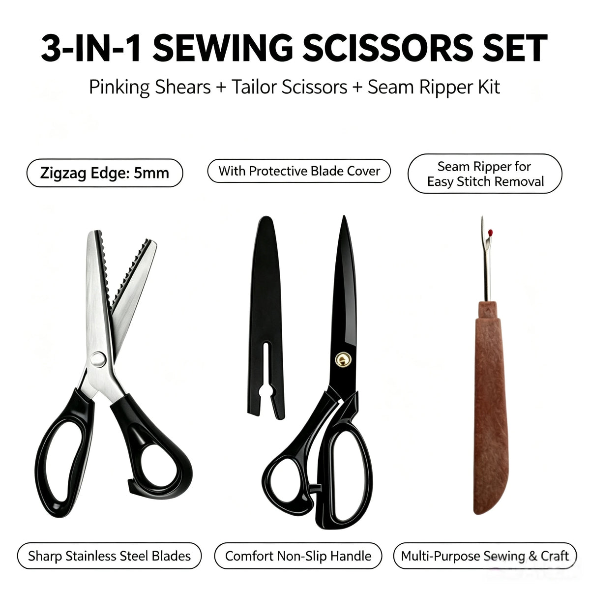 A set of three sewing scissors including pinking shears, tailor scissors, and a seam ripper kit.