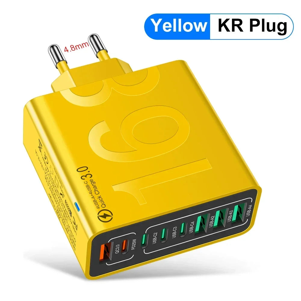 Yellow KR Plug universal multi-port fast charging wall adapter with multiple USB ports