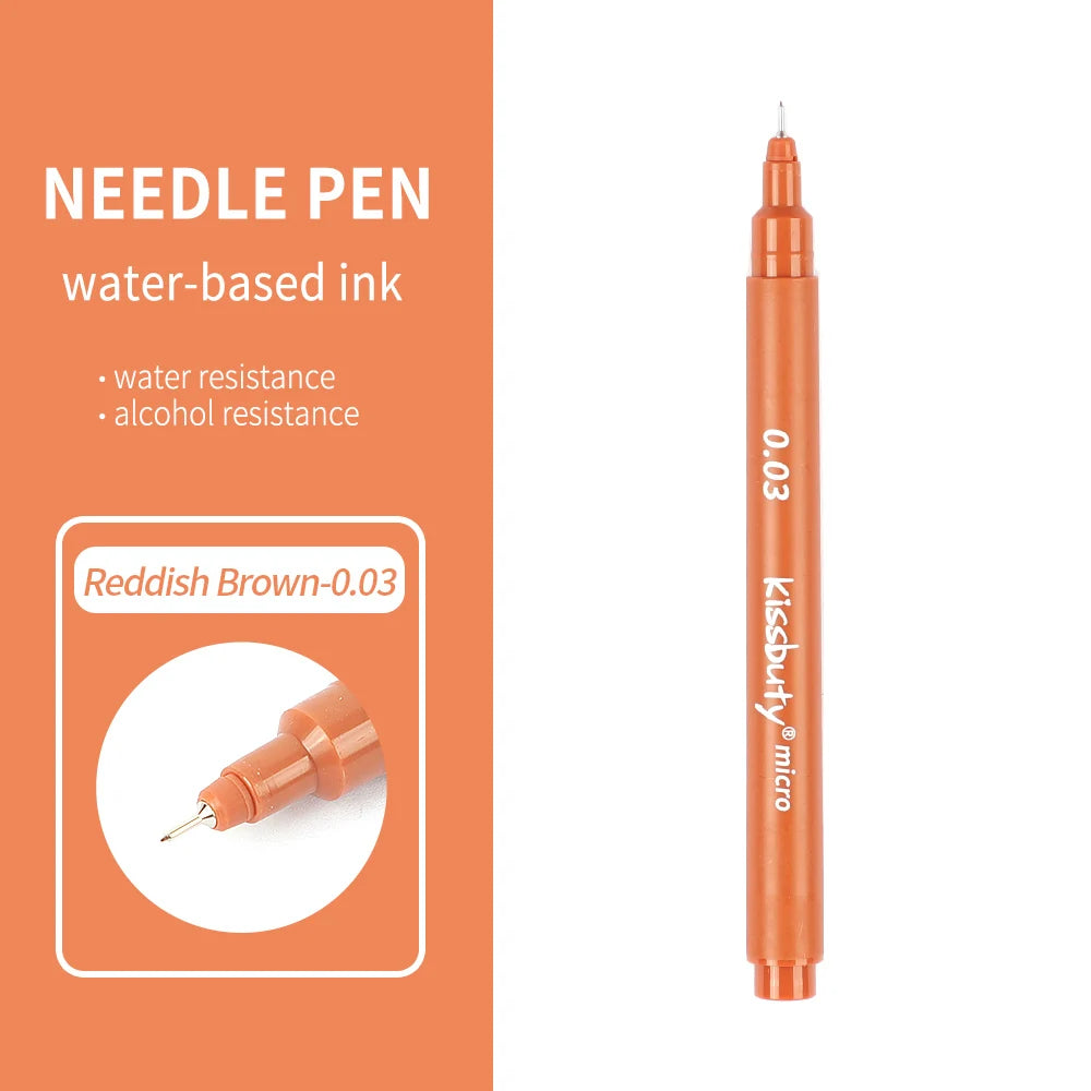 An orange needle pen with a gold cap and a black tip, labeled 0.03.