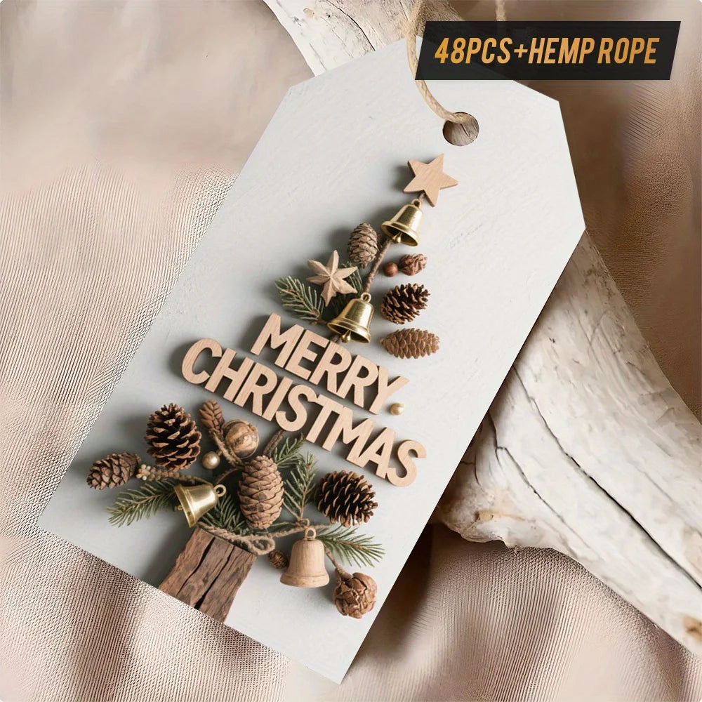 Christmas gift tag featuring wood grain and pinecone cutouts with hemp rope for farmhouse decor
