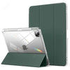 A dark green protective case for an Apple iPad is shown, featuring a clear front cover and a matching back cover.