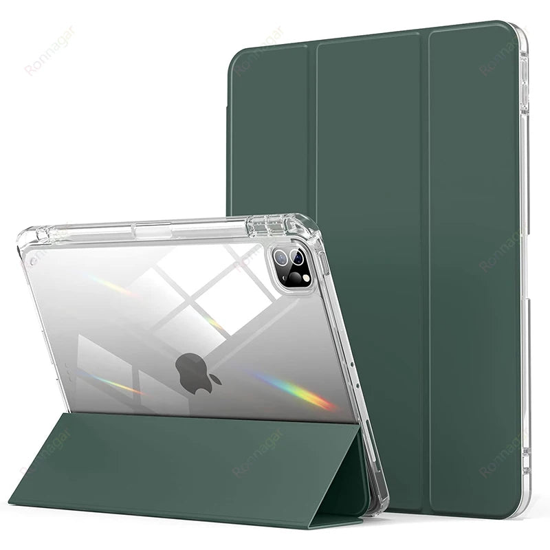 A dark green protective case for an Apple iPad is shown, featuring a clear front cover and a matching back cover.