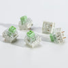 Several light green and white tactile clicky mechanical keyboard switches are shown on a white background.