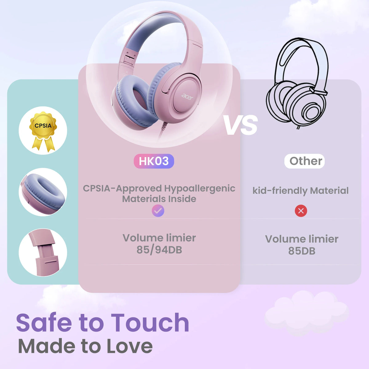 Pink headphones and a purple volume limiter are shown with comparison features for kids wired headphones.