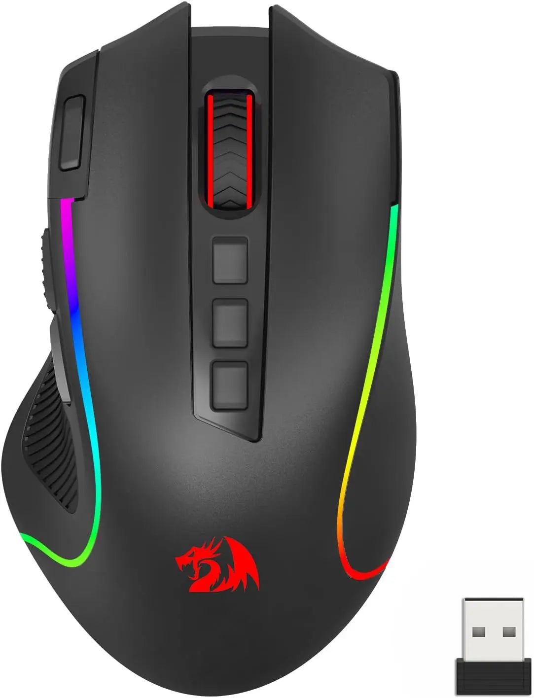 A black gaming mouse with red and green accents is shown next to a USB cable.