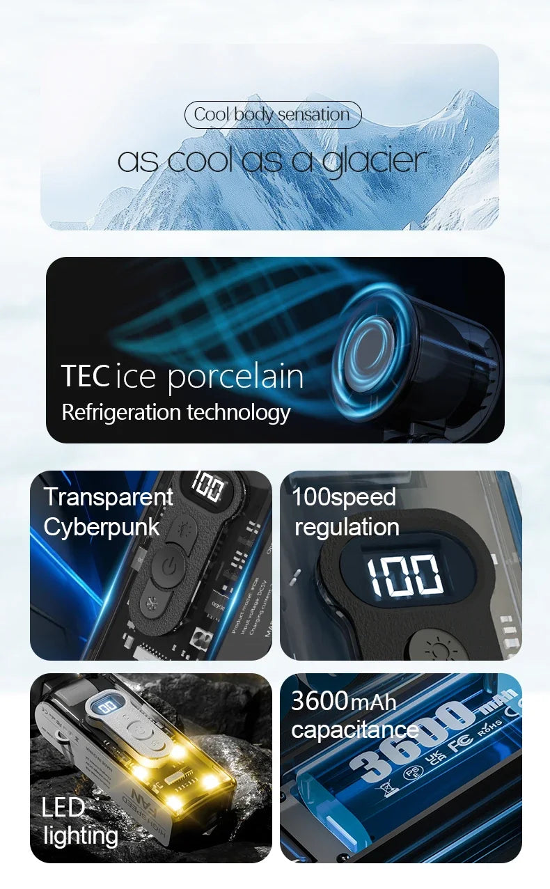 مروحة يدوية تبريد جليدية من البورسلين، بتقنية التبريد، وإضاءة LED، وسعة 3600 مللي أمبير.
