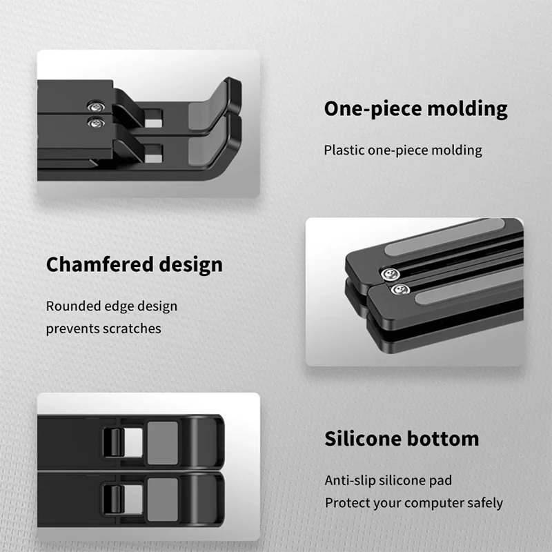 Close-up view of a black foldable laptop stand highlighting one-piece molding, chamfered design, and silicone bottom.