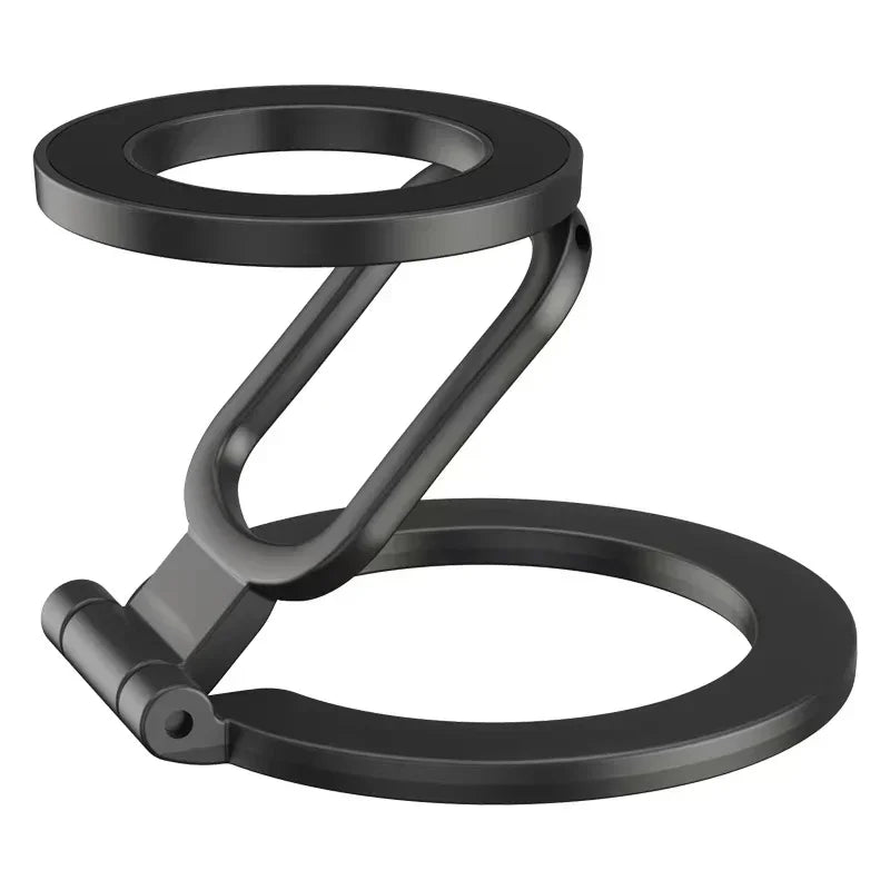 Black double-sided magnetic phone stand with a flexible kickstand design.